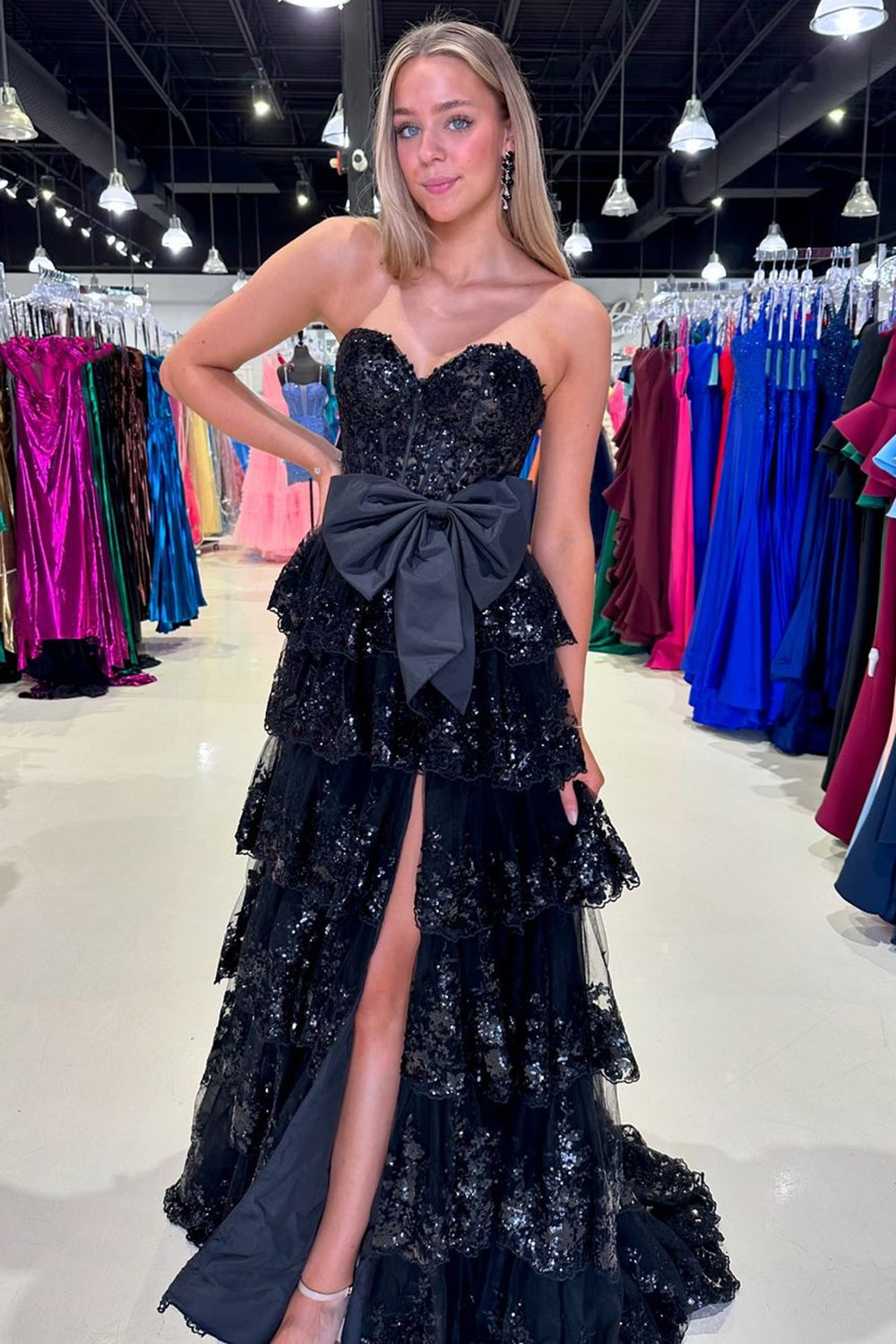 Luolandi A Line Black Strapless Tiered Sequined Corset Long Prom Dress Sparkly With Bow